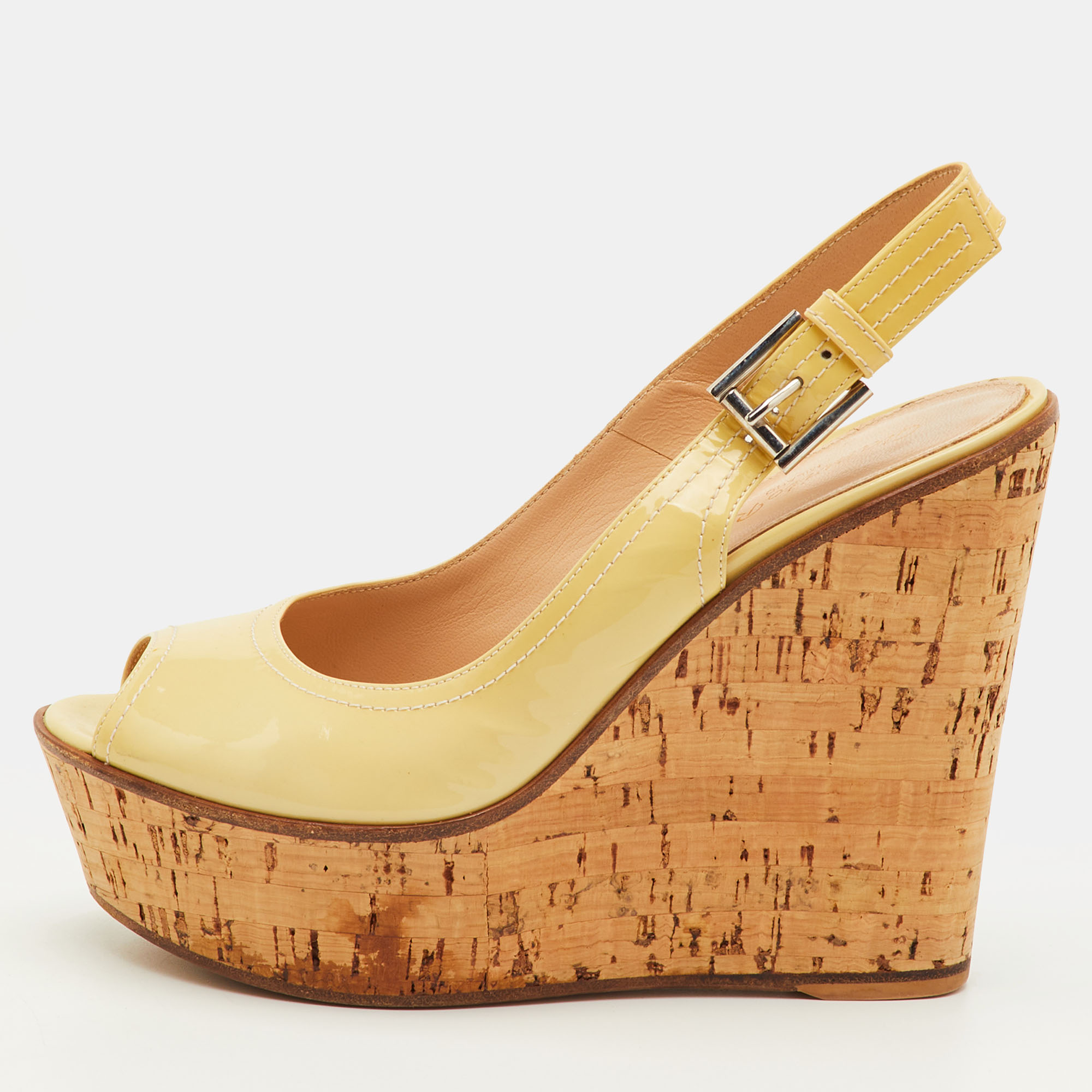 

Gianvito Rossi Size  Light Yellow Patent Leather Cork Platform Wedge Slingback Sandals