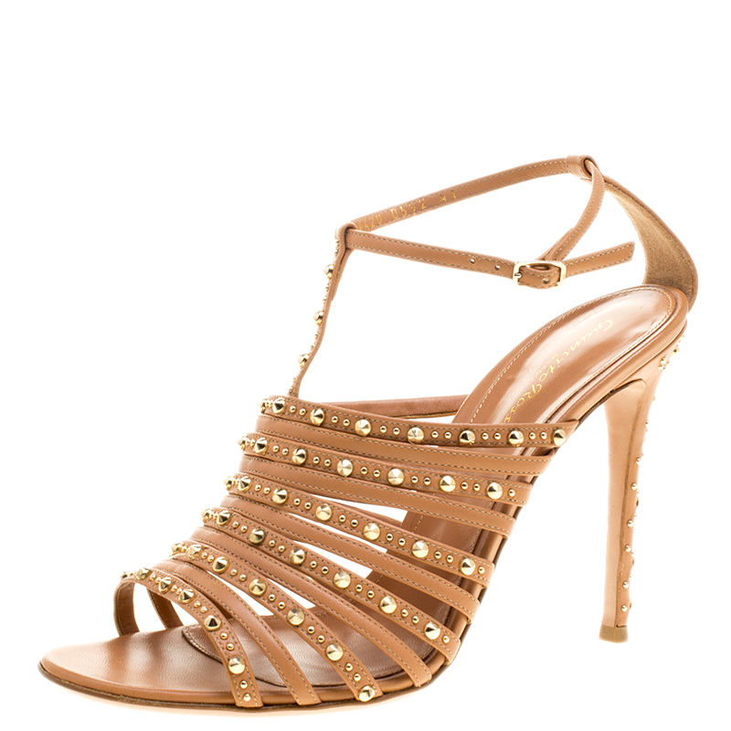 Pre Owned Gianvito Rossi Borwn Leather Studded Ankle Strap Sandals Size 41