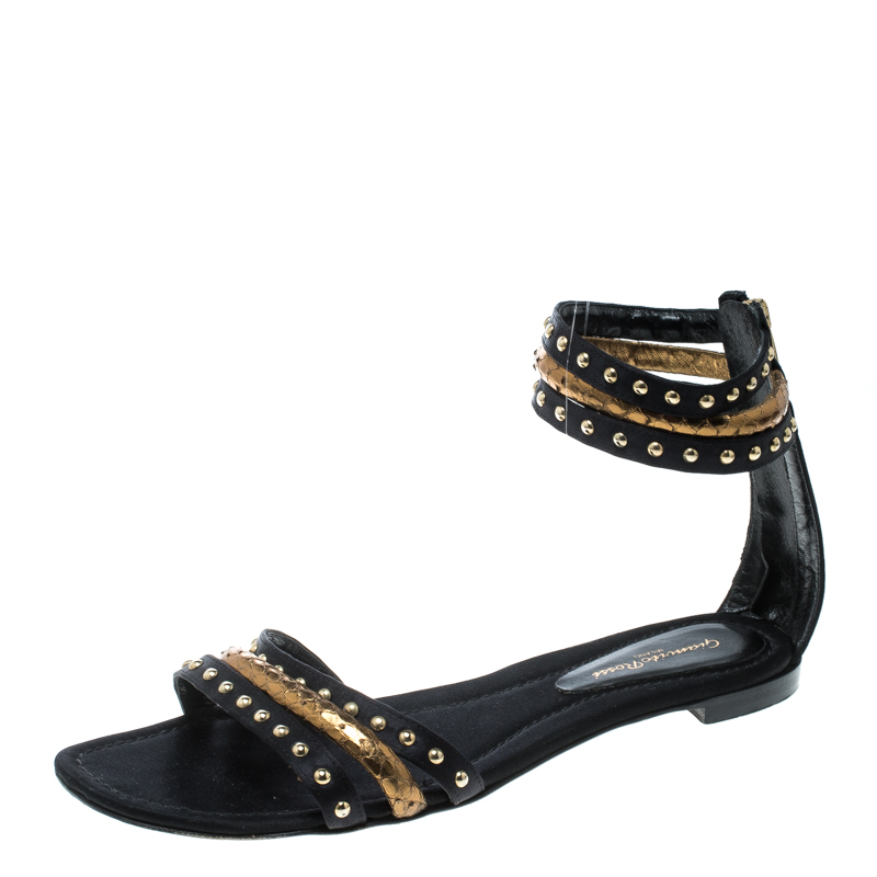 Pre Owned Gianvito Rossi Black Studded Satin And Metallic Gold Python Leather Ankle Strap Flat Open Toe Sandals Size 41