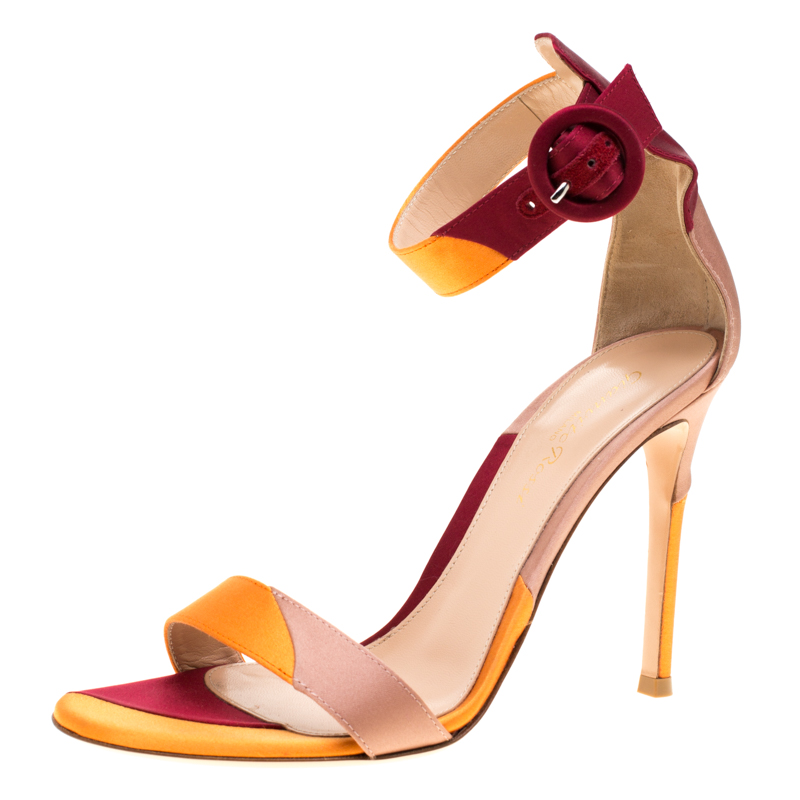 Pre Owned Gianvito Rossi Multicolor Patchwork Satin Ankle Strap Open Toe Sandals Size 37