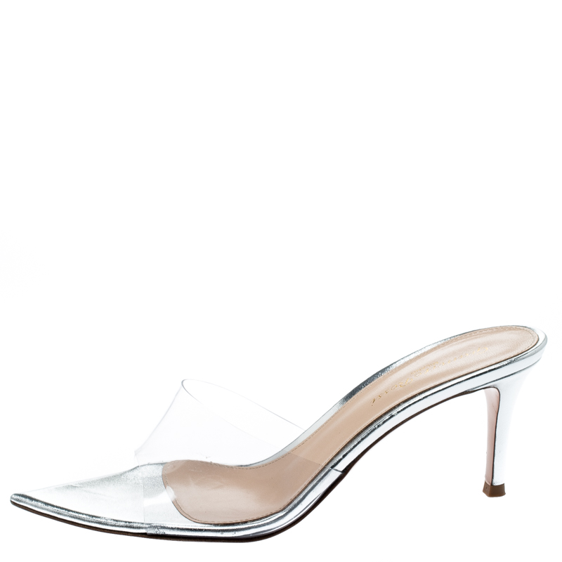 

Gianvito Rossi PVC And Metallic Silver Leather Peep Toe Slides Size