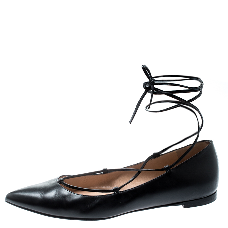 

Gianvito Rossi Black Leather Femi Ankle Wrap Pointed Toe Flats Size