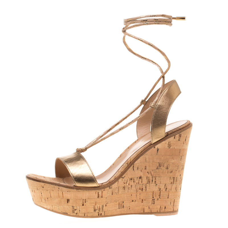 

Gianvito Rossi Metallic Gold Leather Ankle Wrap Cork Wedge Sandals Size