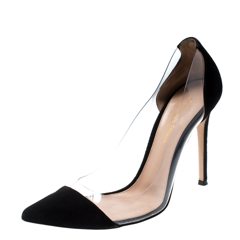 Pre Owned Gianvito Rossi Black Suede Leather And PVC Plexi Pointed Toe Pumps Size 38
