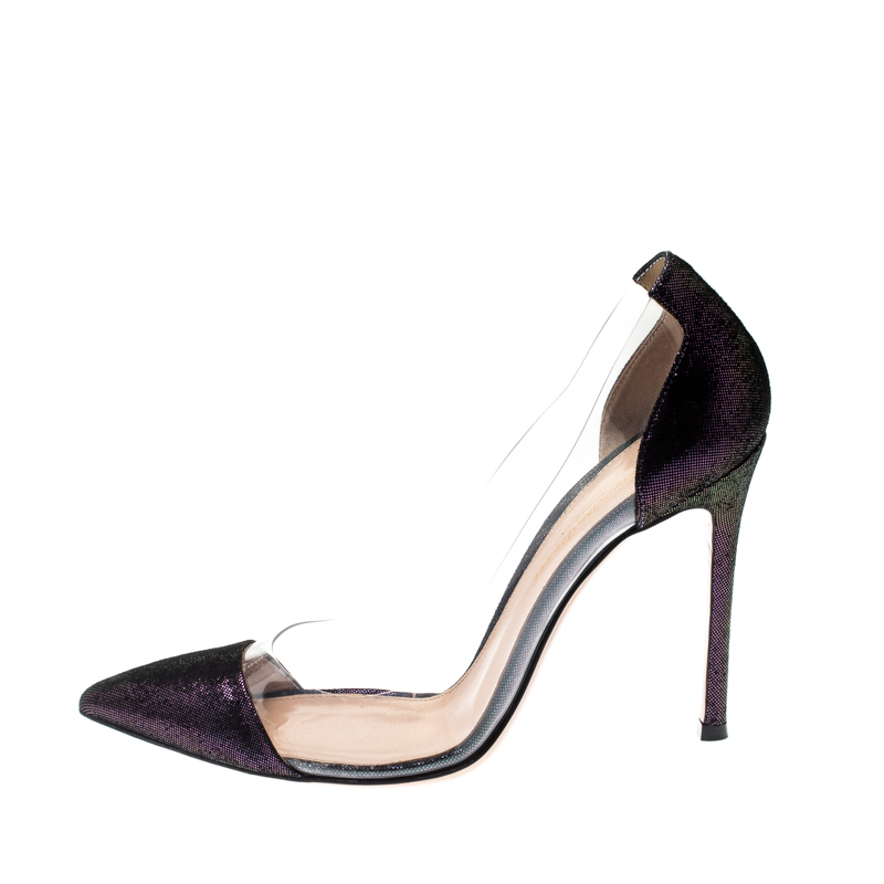 

Gianvito Rossi Metallic Black/Purple Suede And PVC Plexi Pointed Toe Pumps Size