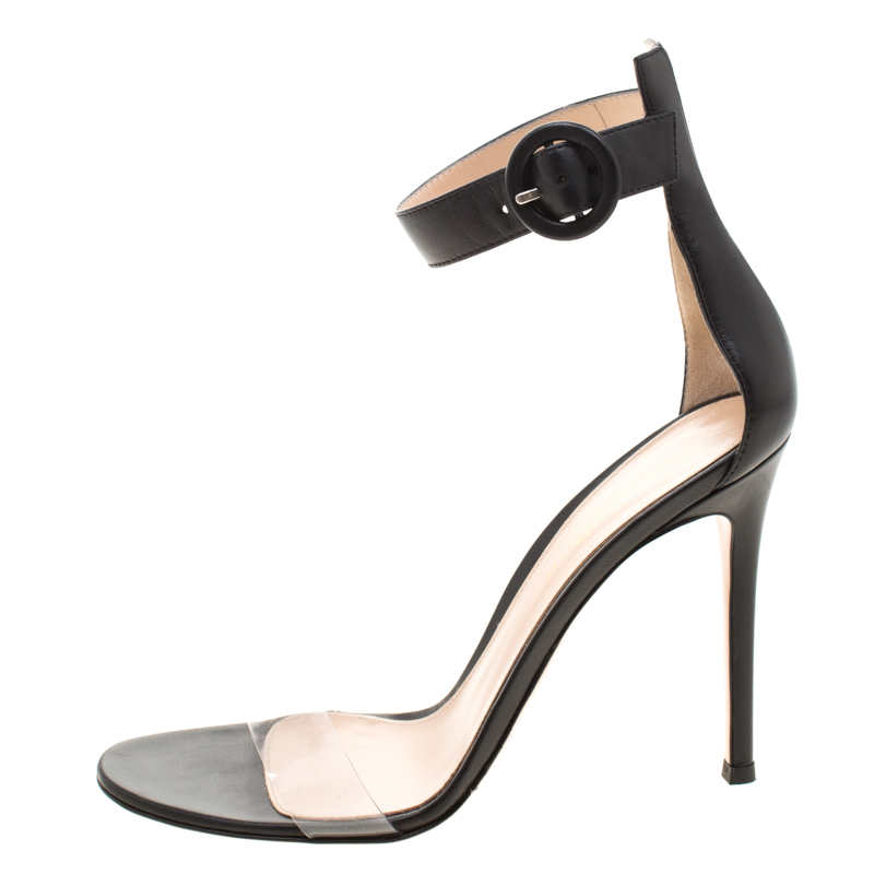 

Gianvito Rossi Black Leather And PVC Stella Ankle Strap Open Toe Sandals Size