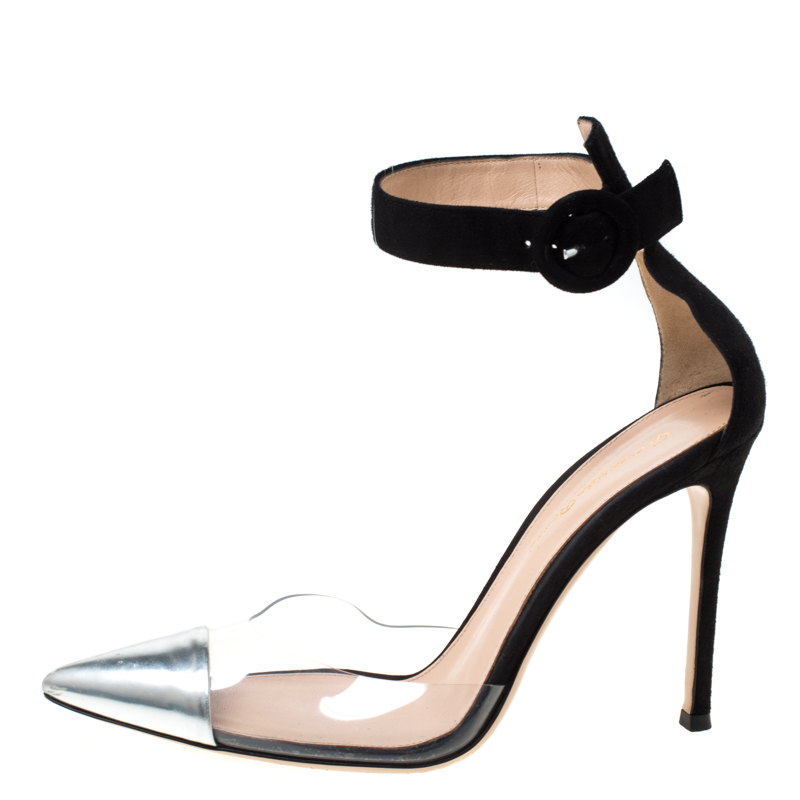 

Gianvito Rossi Black/Silver Leather And PVC Ankle Strap Pointed Toe Sandals Size
