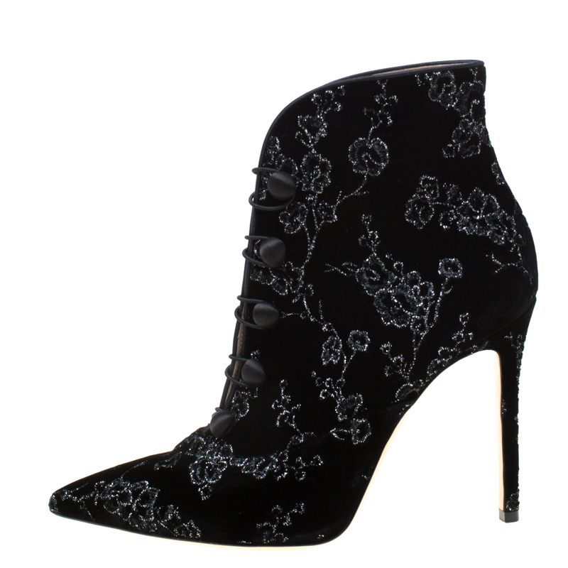 

Gianvito Rossi Black Floral Embroidered Velvet Empress Ankle Booties Size