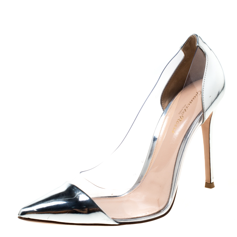 Pre Owned Gianvitto Rossi Silver Patent Leather and PVC Plexi Pointed Toe Pumps Size 39.5