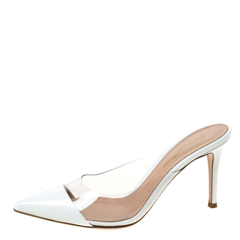 

Gianvito Rossi White Leather and PVC Plexi Pointed Toe Mule Sandals Size