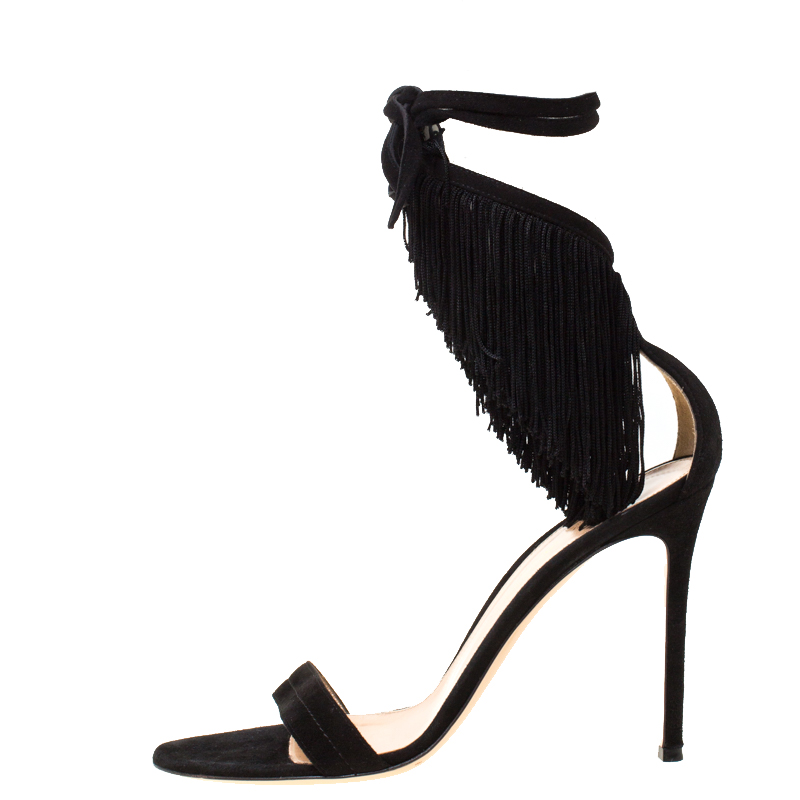 

Gianvitto Rossi Black Suede Olivia Fringe Ankle Wrap Sandals Size