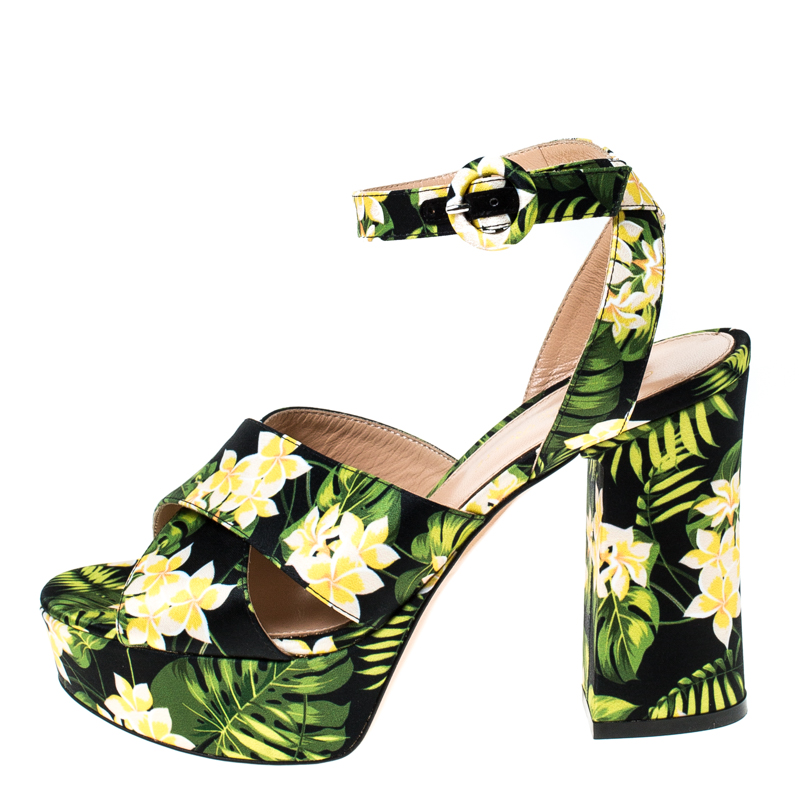 

Gianvito Rossi Multicolor Printed Floral Satin Cross Strap Platform Sandals Size