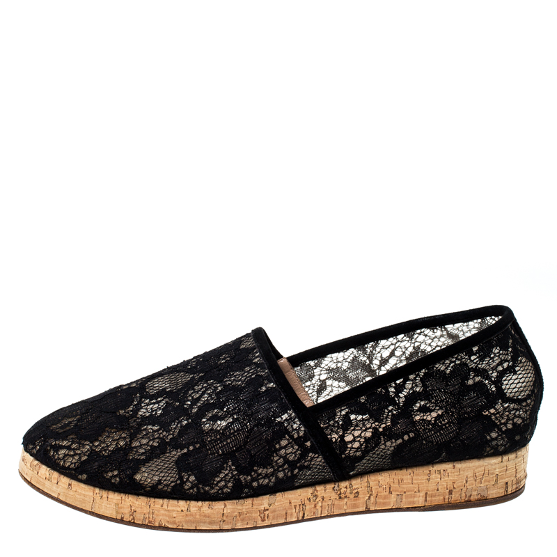 

Gianvito Rossi Black Lace And Suede Leather Trim Cork Flats Size