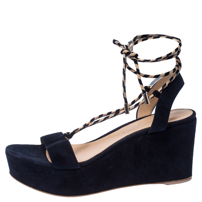 

Gianvito Rossi Navy Blue Suede Open Toe Ankle Wrap Wedge Sandals Size