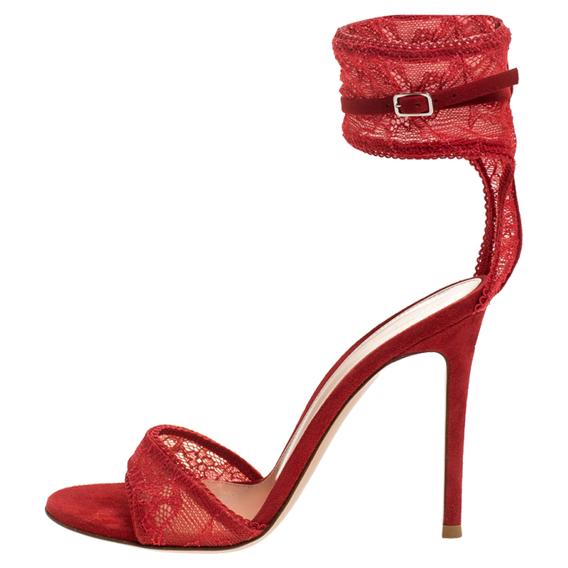 

Gianvito Rossi Red Lace And Suede Ankle Strap Sandals Size