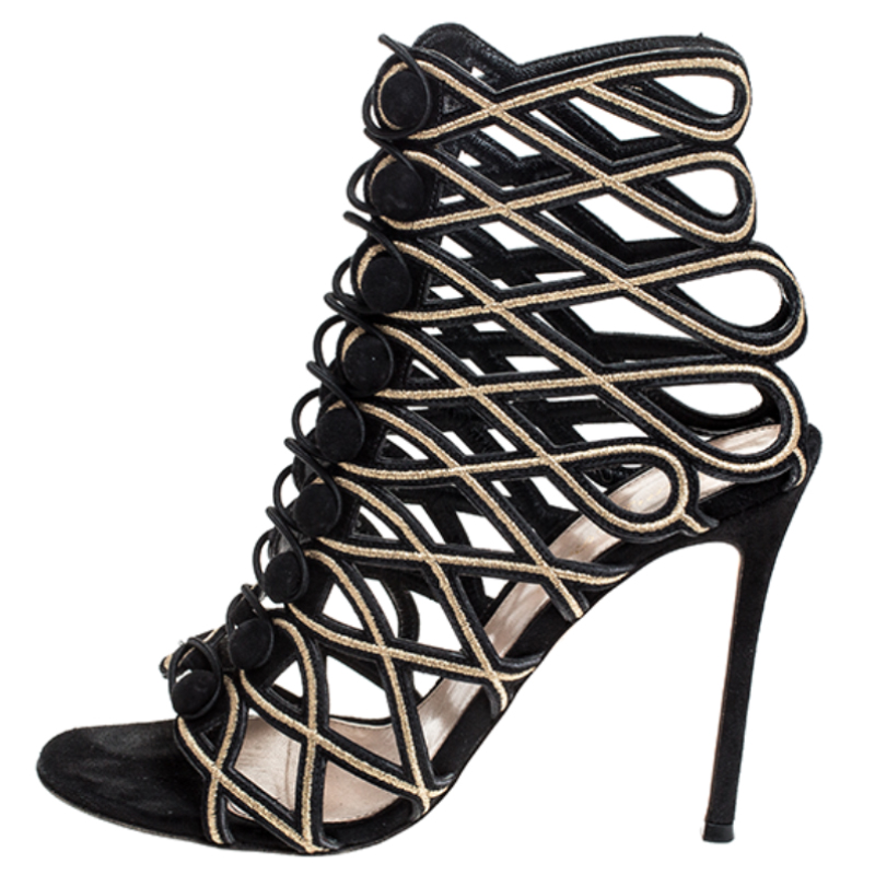 

Gianvito Rossi Black/Gold Suede Cut Out Open Toe Button Strap Sandals Size