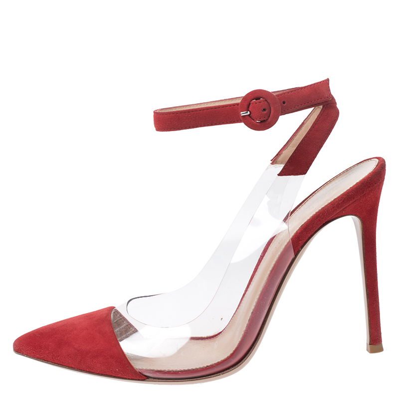 

Gianvito Rossi Red Leather And Suede Anise Pointed Toe Ankle Strap Sandals Size