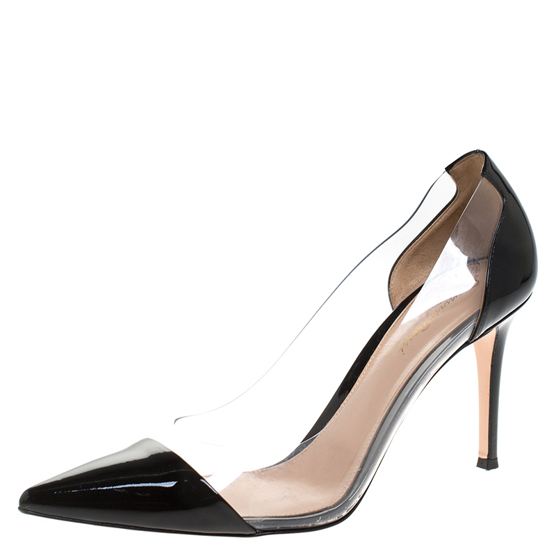 Pre Owned Gianvito Rossi Black Patent Leather And PVC Plexi Pointed Toe Pumps Size 40