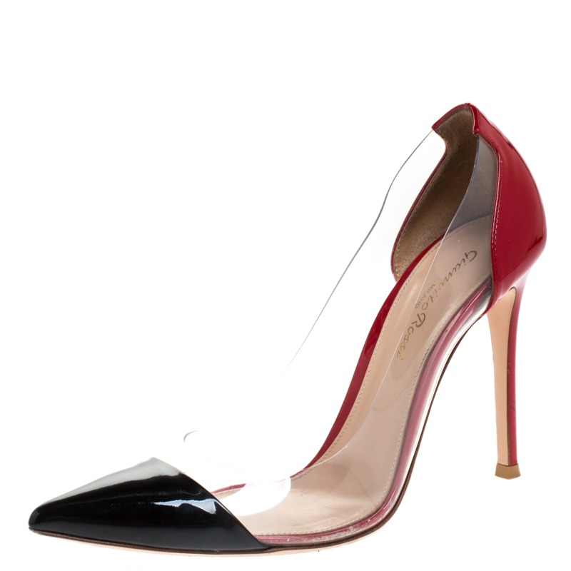 Gianvito Rossi Red/Black Patent Leather and PVC Plexi Pointed Toe Pumps Size 37.5