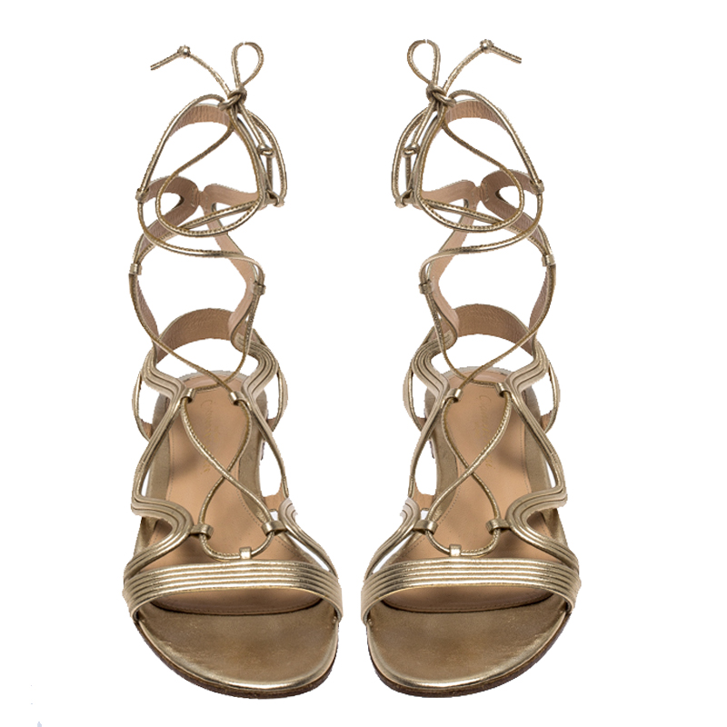 Pre-owned Gianvito Rossi Metallic Gold Leather Gladiator Ankle Length Flat Sandals Size 35.5