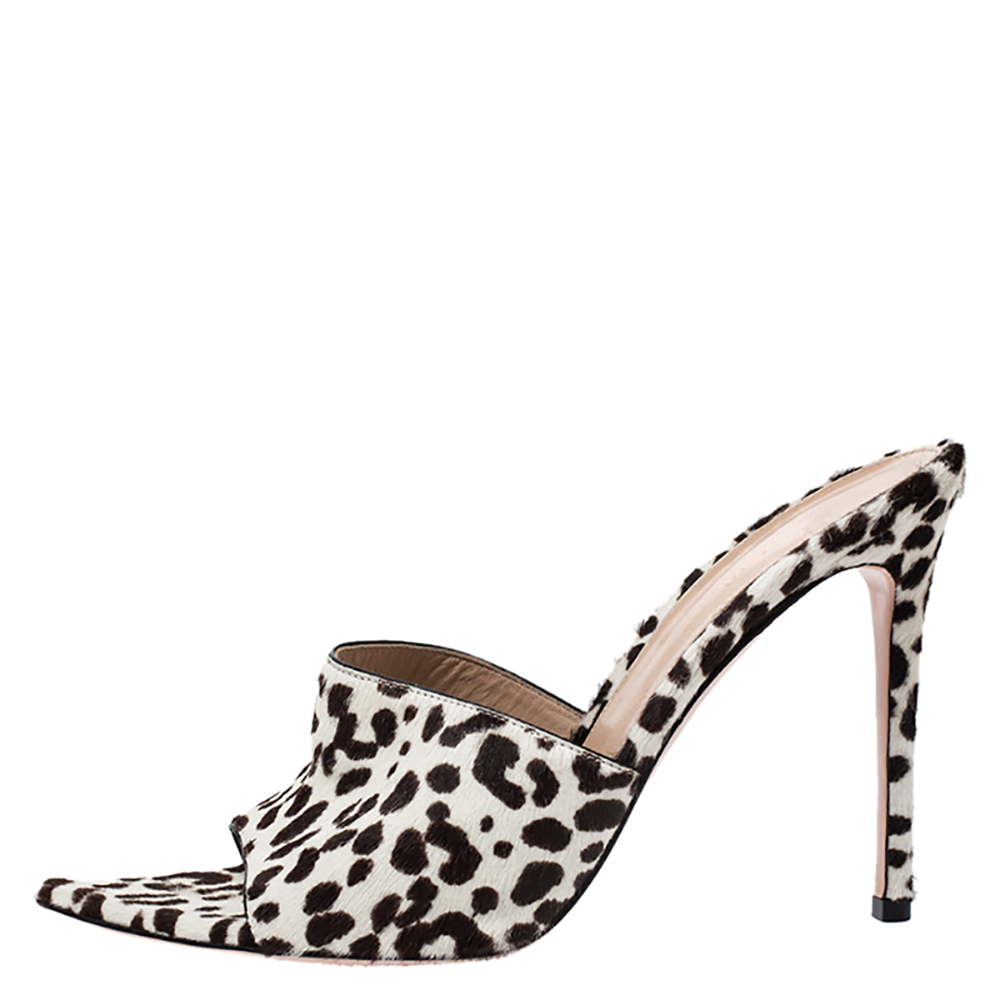

Gianvito Rossi White/Brown Leopard Print Pony Hair Slide Sandals Size