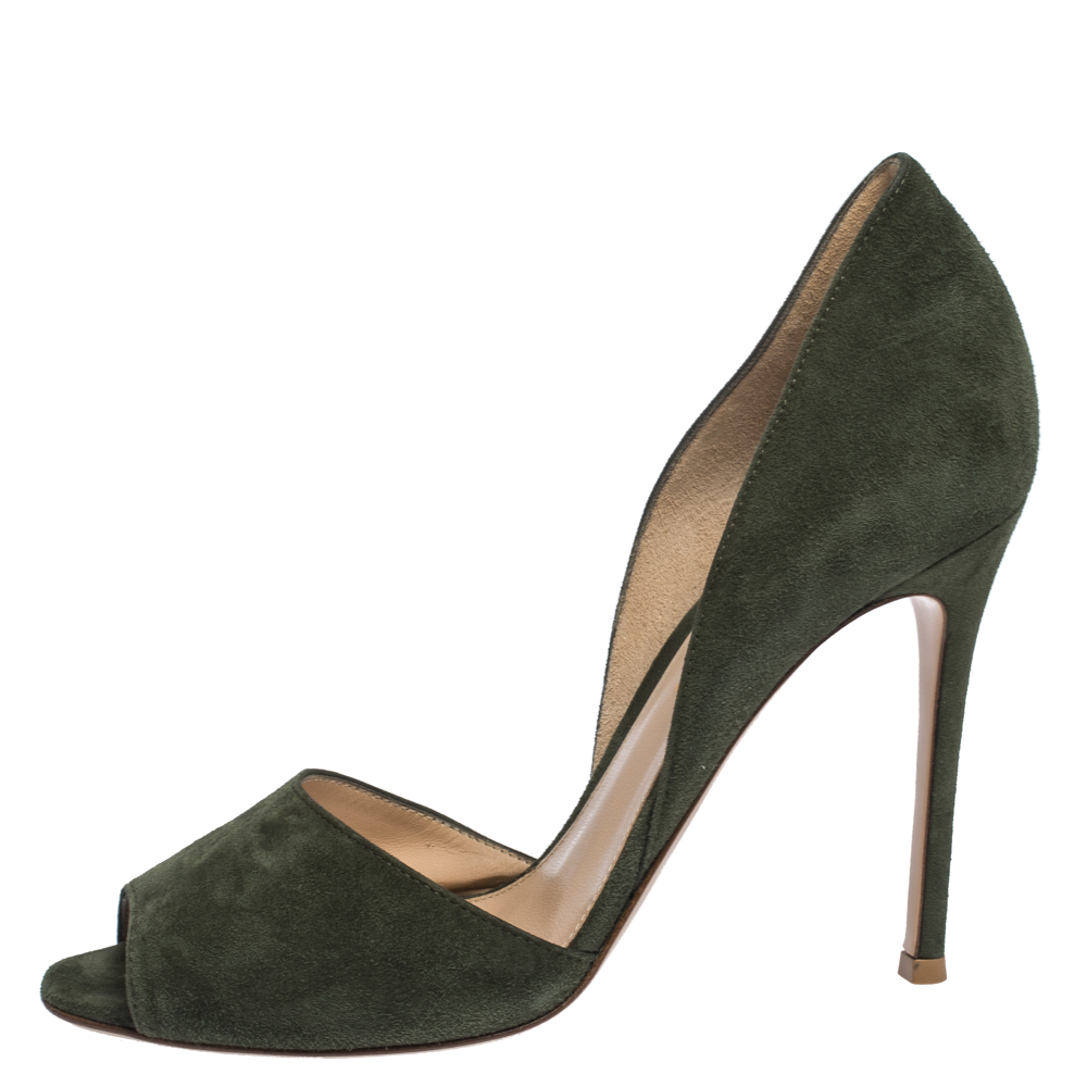 

Gianvito Rossi Moose Green Suede Peep Toe D'orsay Pumps Size