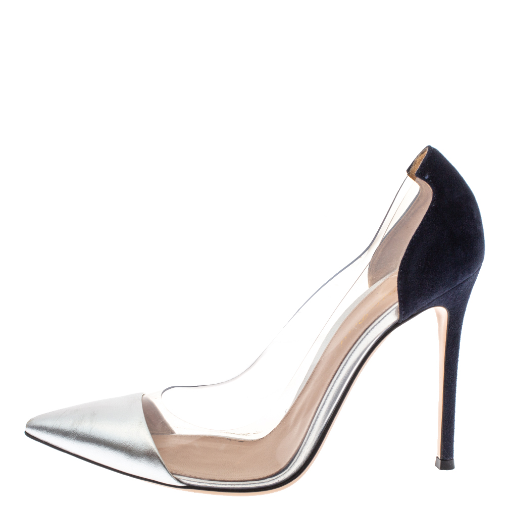 

Gianvito Rossi Silver/Black Leather/Suede and PVC Plexi Pointed Toe Pump Size