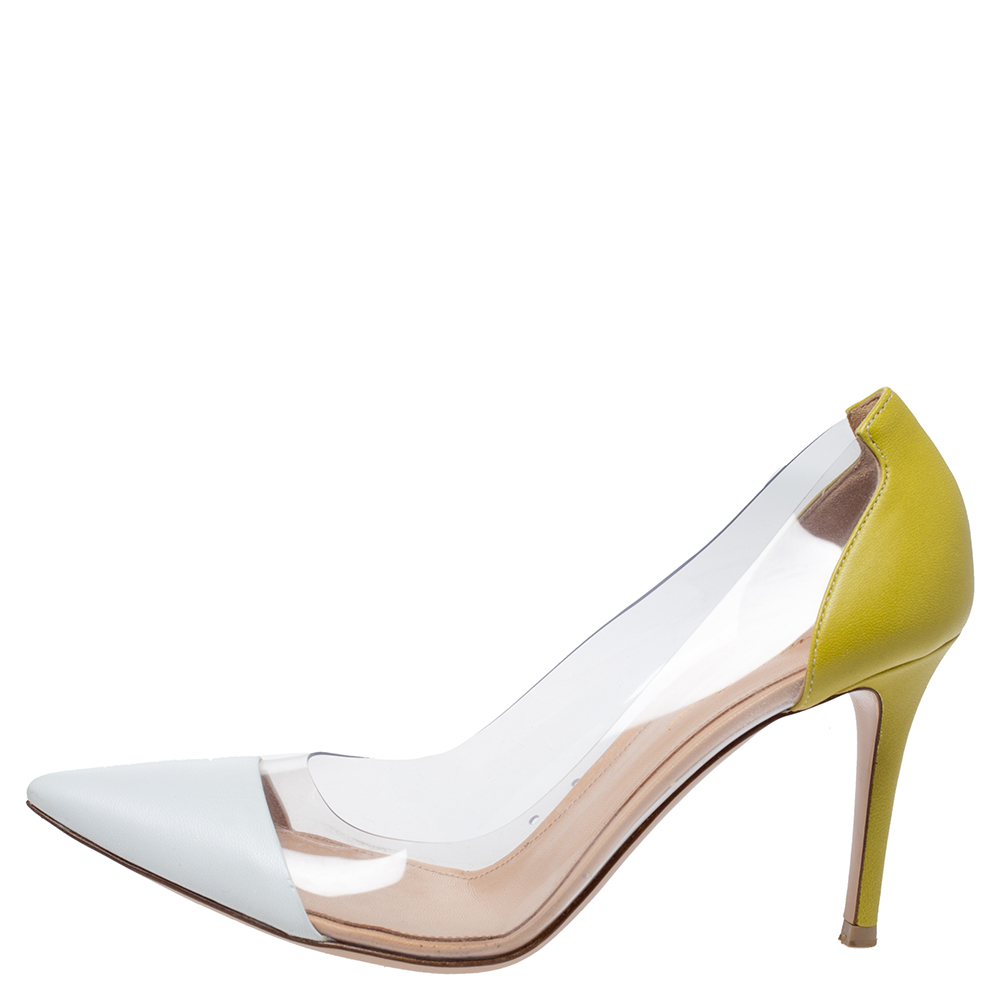 

Gianvito Rossi White/Yellow Leather And PVC Plexi Pointed Toe Pumps Size