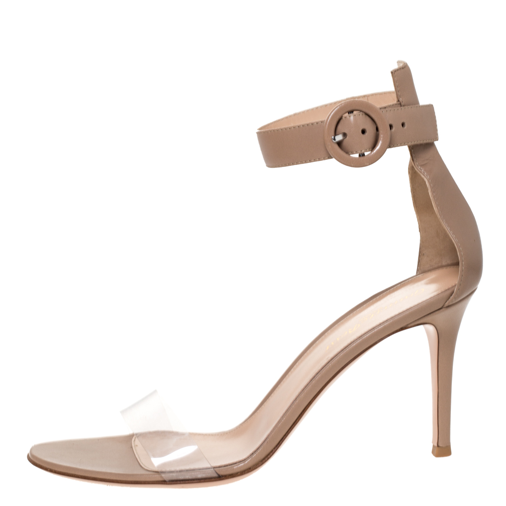 

Gianvito Rossi Beige Leather And PVC Plexi Trasp Ankle Cuff Sandals Size