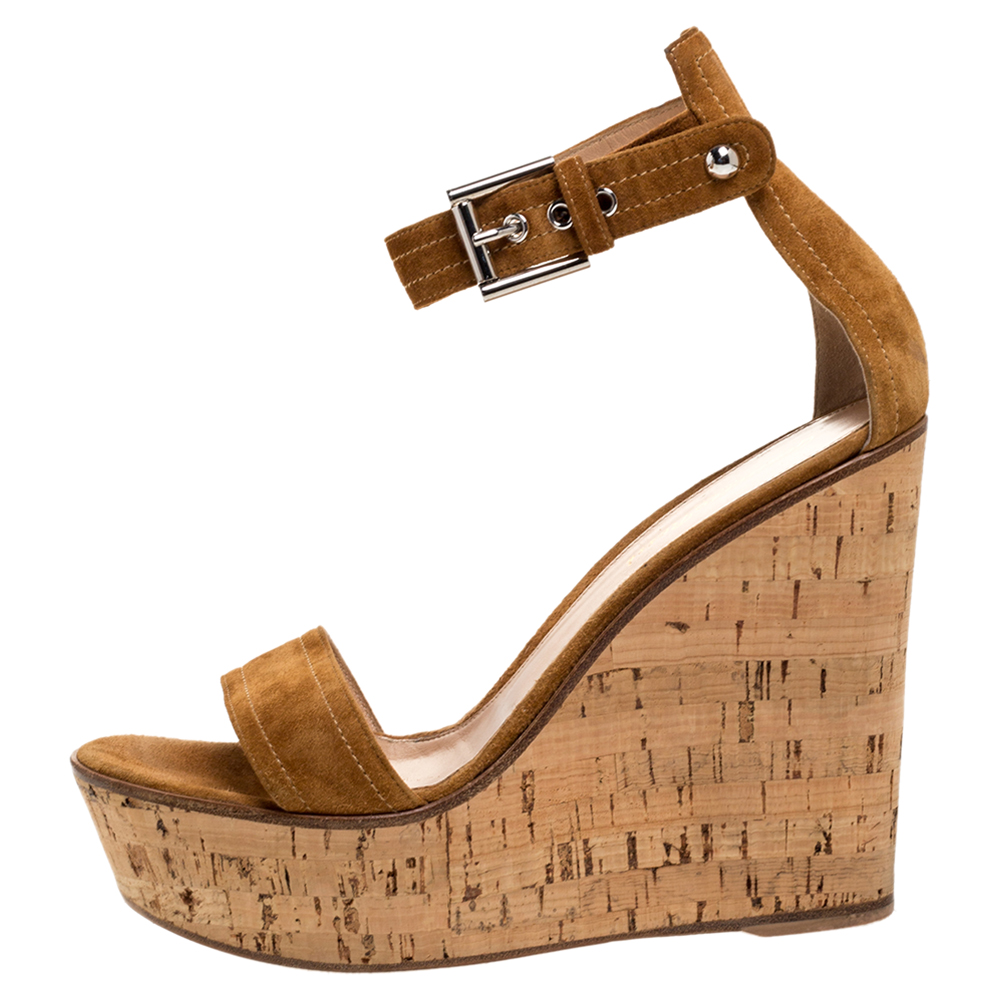 

Gianvito Rossi Brown Suede Leather Cork Wedge Platform Ankle Strap Sandals Size