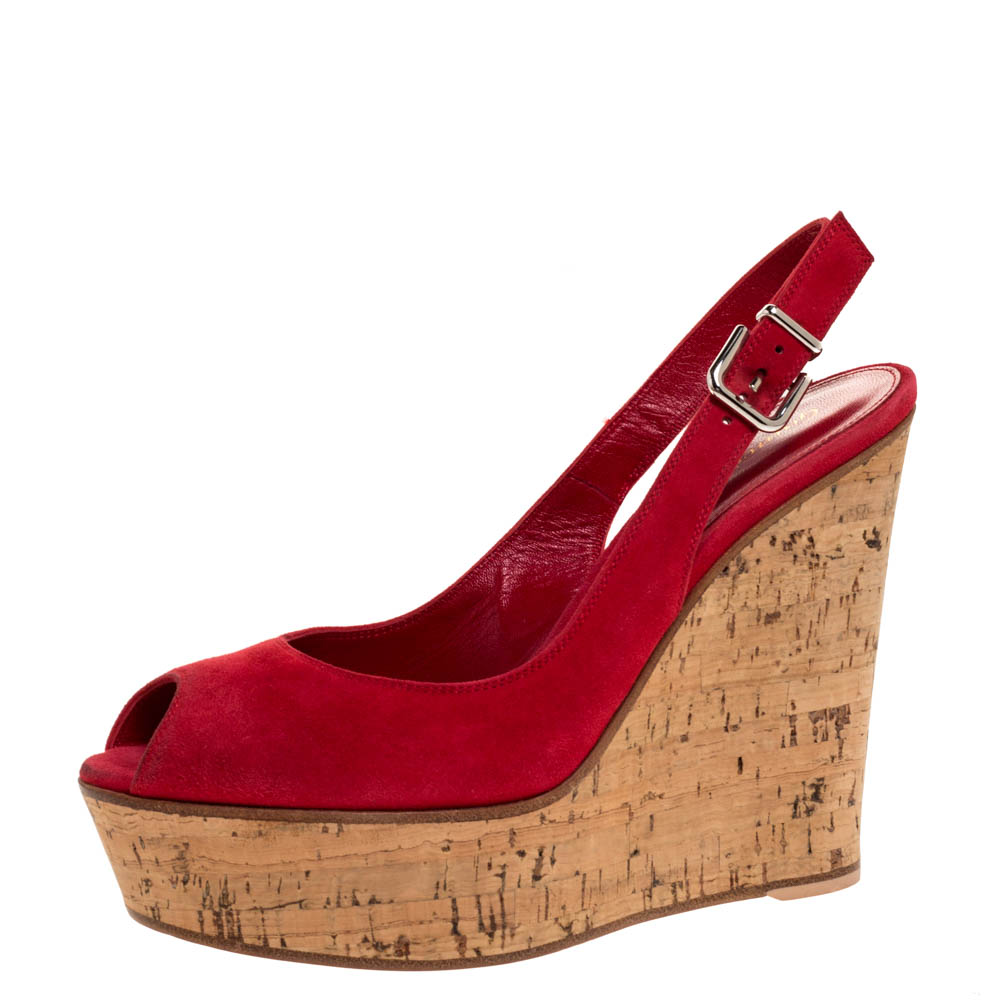 

Gianvito Rossi Red Suede Leather Cork Wedge Peep Toe Platform Slingback Sandals Size