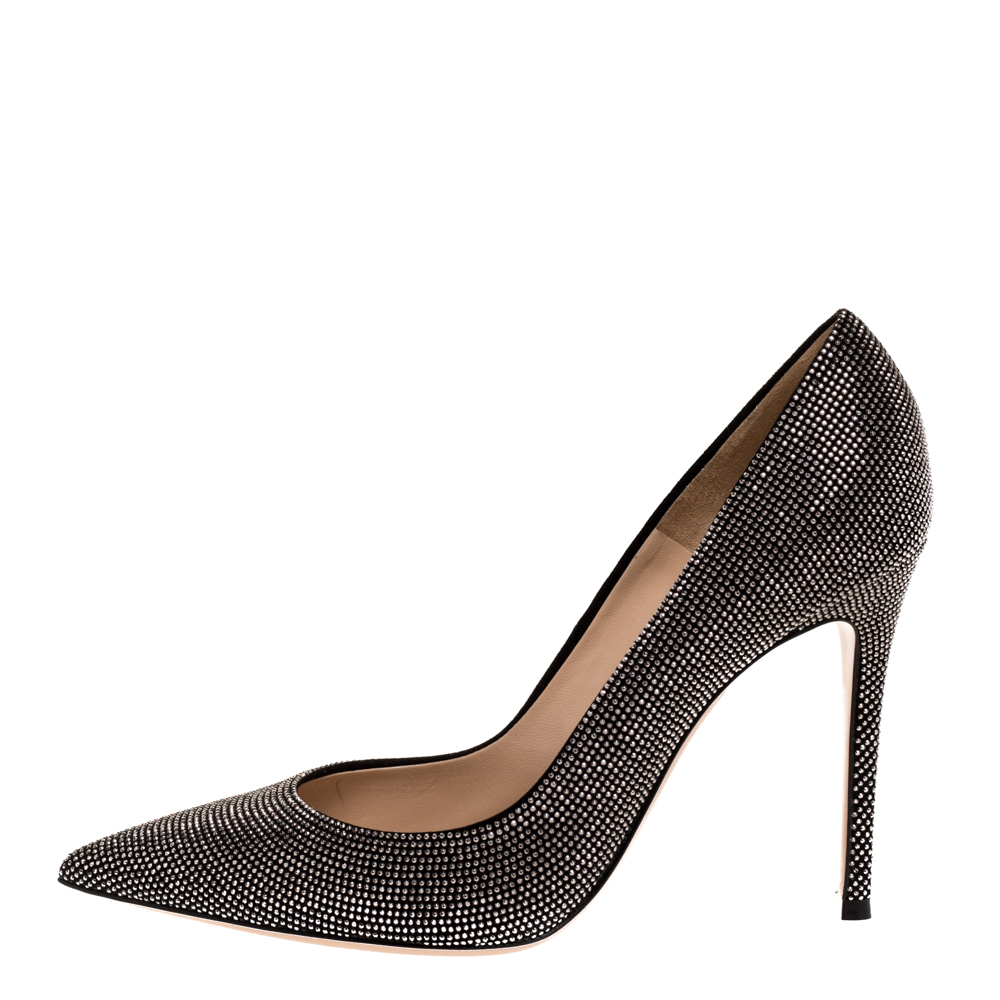 

Gianvito Rossi Silver Crystal Embellished Suede Leather Lennox Pointed Toe Pumps Size, Black