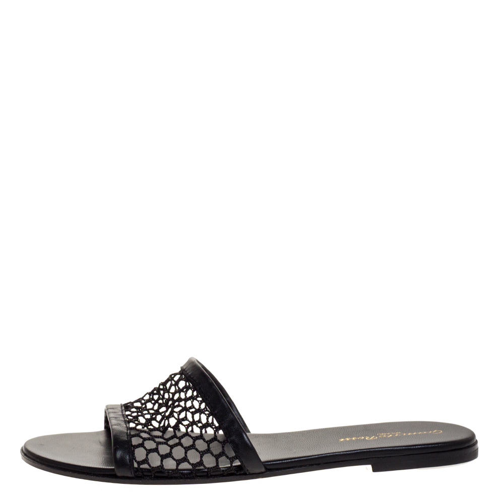 

Gianvito Rossi Black Fish Net And Leather Trim Flat Sandals Size