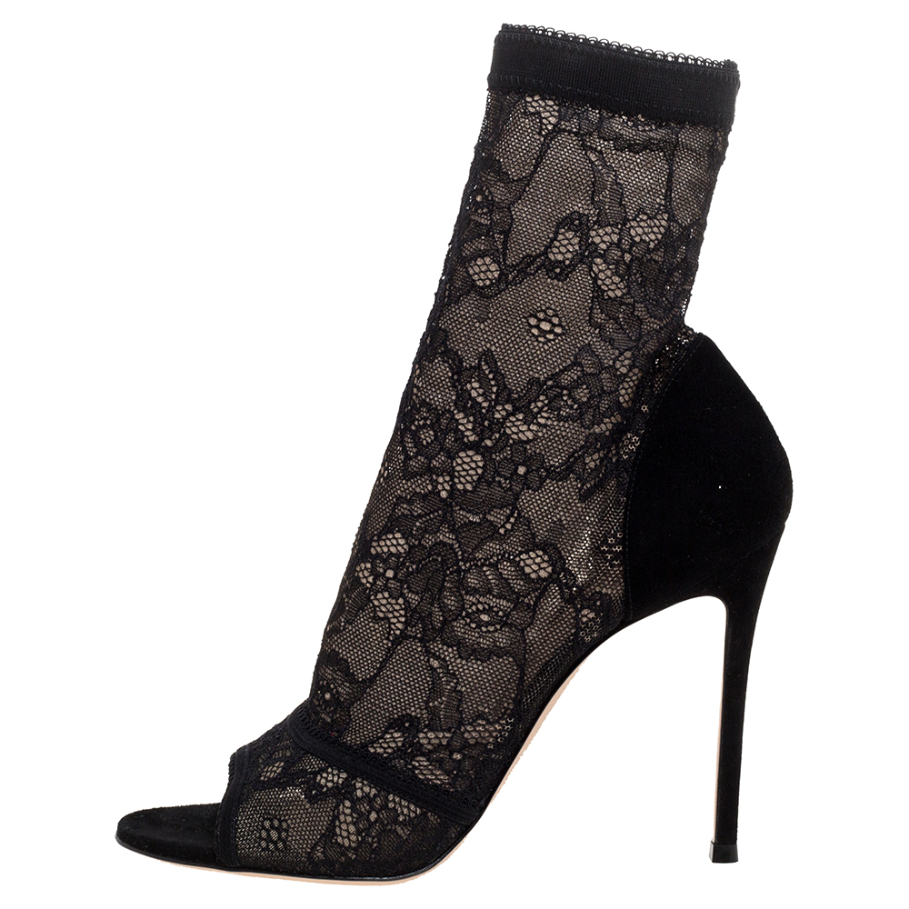 

Gianvito Rossi Black Lace and Suede Sock Peep Toe Booties Size Size