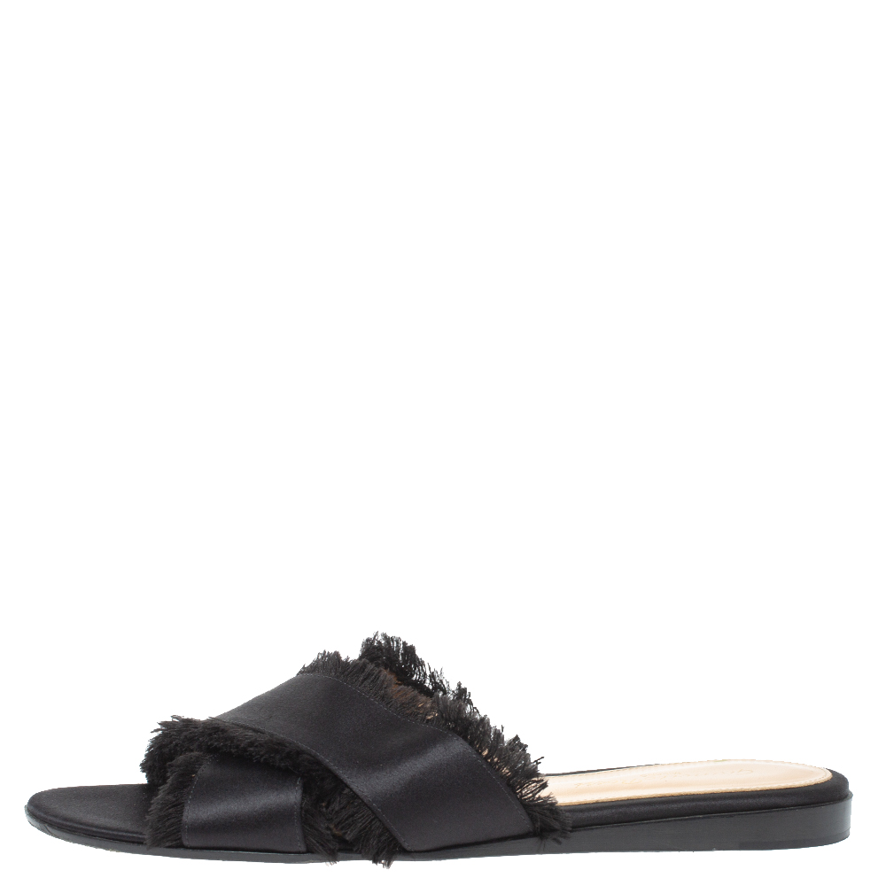 

Gianvito Rossi Black Satin Barth Flat Slides Size