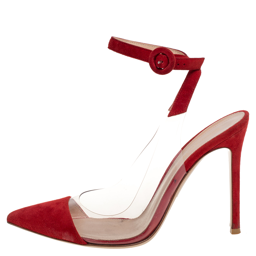 

Gianvito Rossi Red Leather And Suede Anise Pointed Toe Ankle Strap Sandals Size