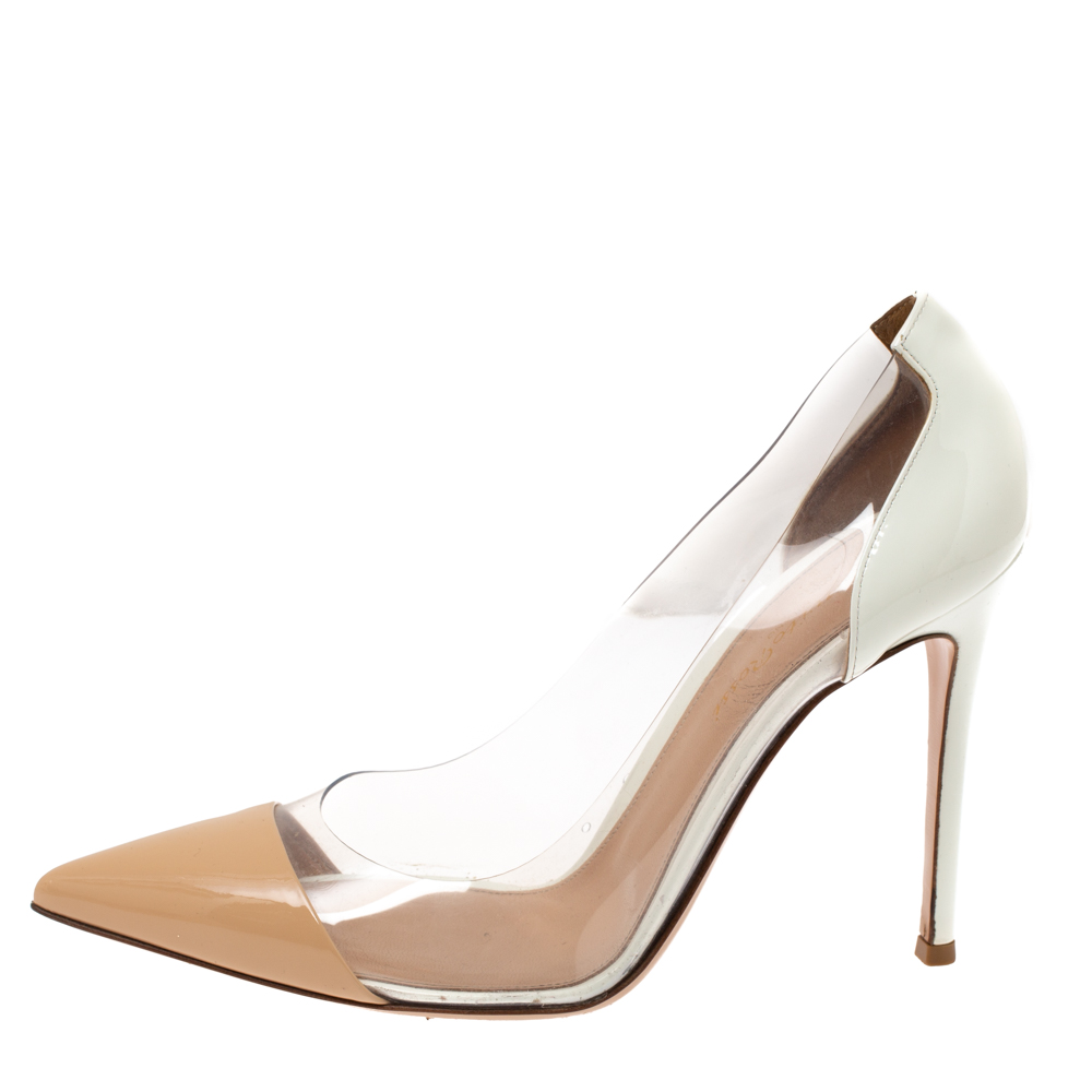 

Gianvito Rossi White/Beige Patent Leather and PVC Plexi Pointed Toe Pumps Size