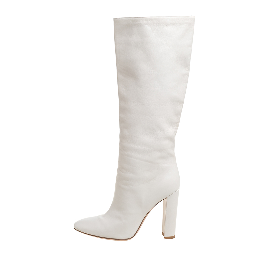 

Gianvito Rossi White Leather Knee Block Heels Boots Size