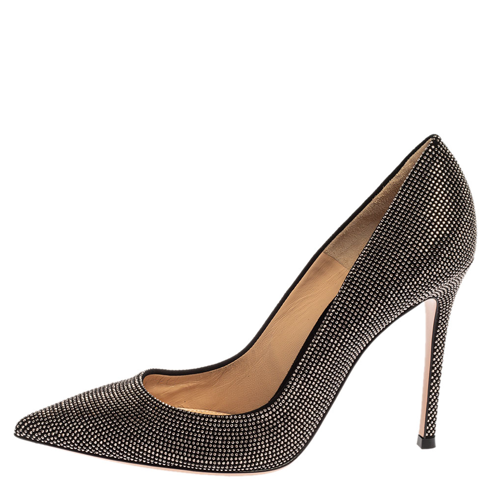 

Gianvito Rossi Suede Leather Silver Crystal Embellished Lennox Pointed Toe Size, Black