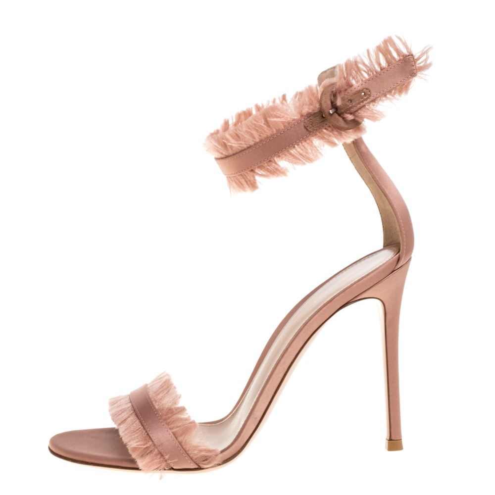 

Gianvito Rossi Beige Satin Caribe Fringe Trim Ankle Strap Sandals Size