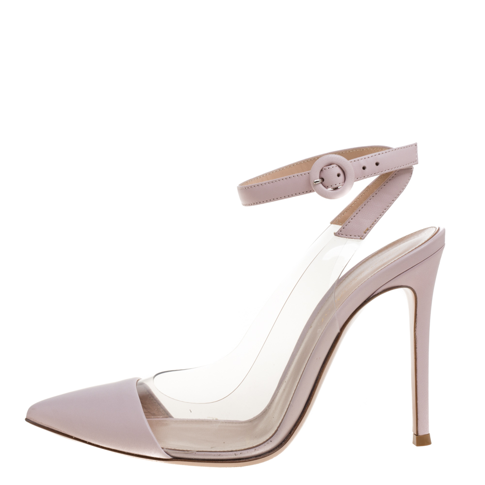 

Gianvito Rossi Pink Leather And PVC Anise Pointed Toe Ankle Strap Sandals Size