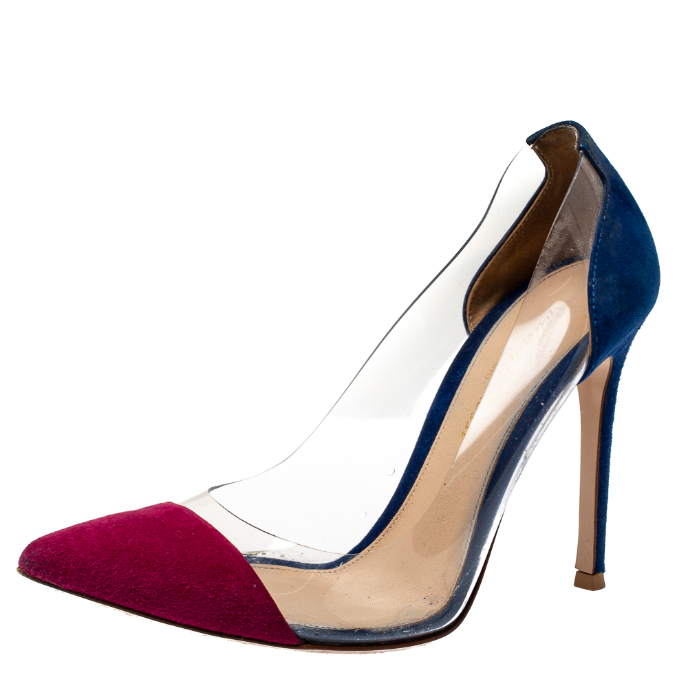 

Gianvito Rossi Burgundy/Blue Suede and PVC Plexi Pumps Size