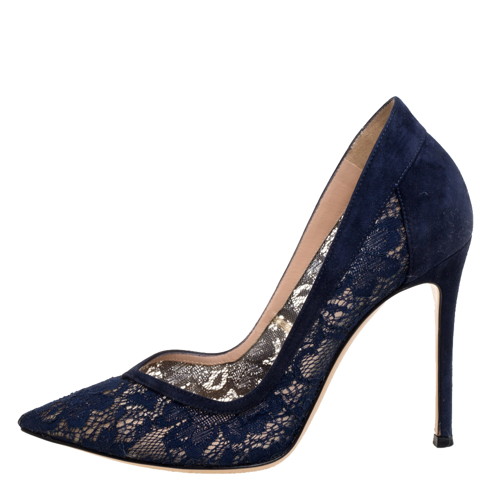 

Gianvito Rossi Blue Suede And Lace Pointed Toe Pumps Size