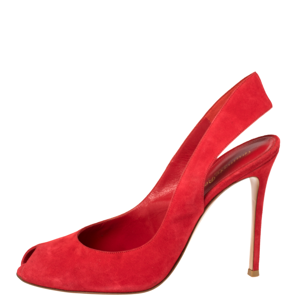 

Gianvito Rossi Red Suede Leather Peep Toe Slingback Sandals Size