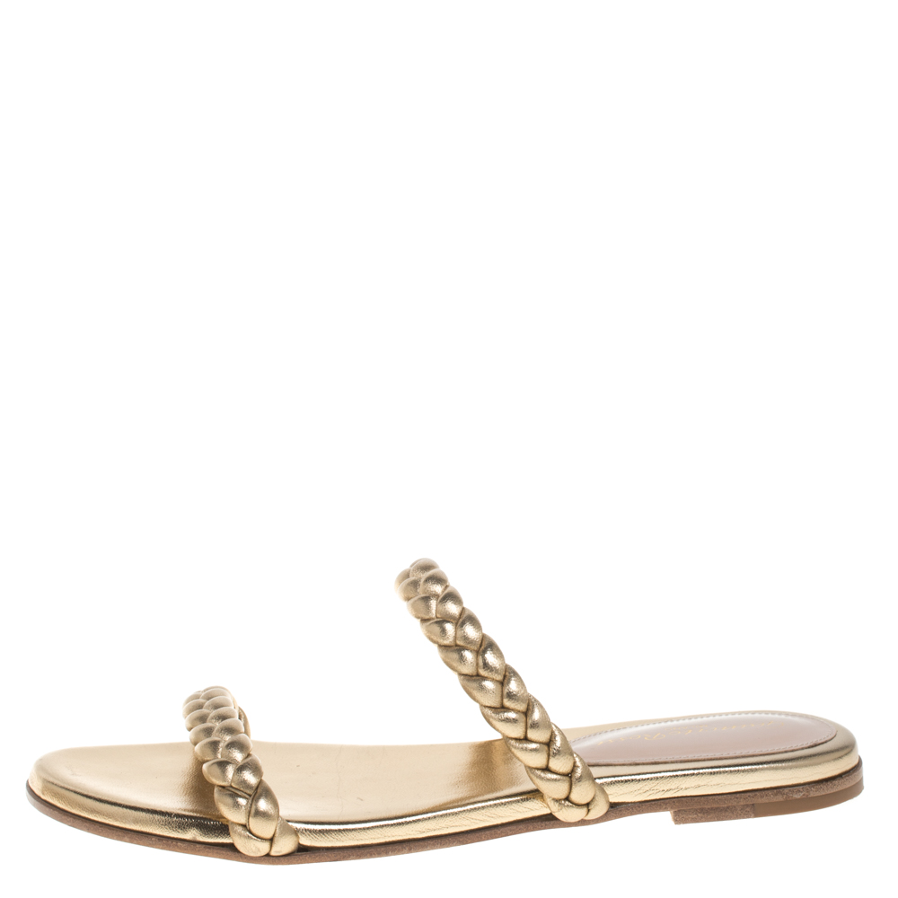 

Gianvito Rossi Metallic Gold Leather Braided Double Band Slide Sandals Size