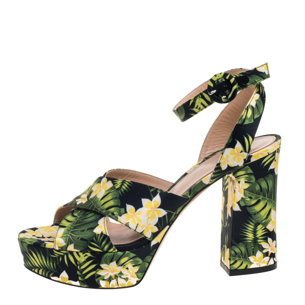 

Gianvito Rossi Multicolor Printed Floral Satin Cross Strap Platform Sandals Size