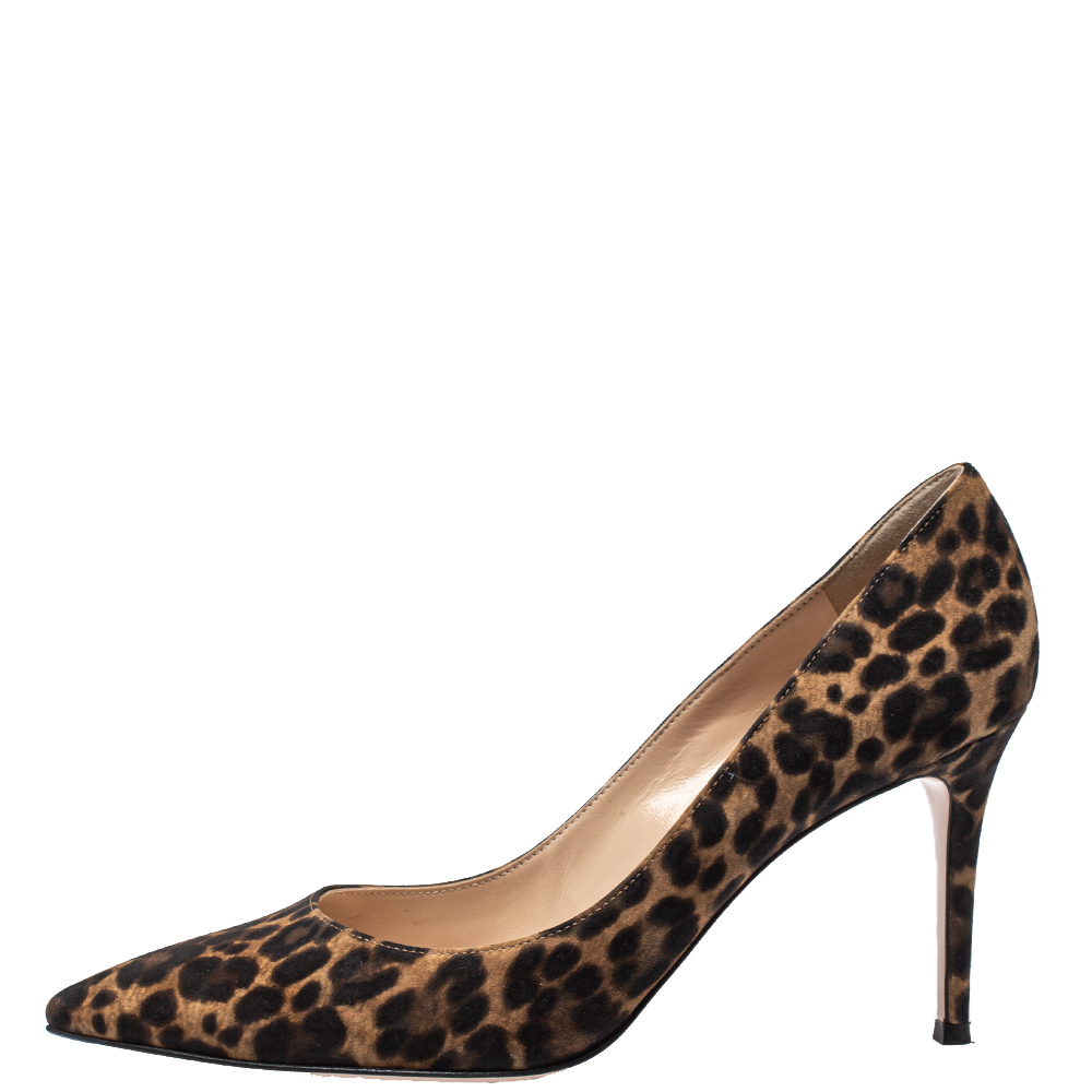 

Gianvito Rossi Brown/Black Leopard Print Suede Pointed Toe Pumps Size