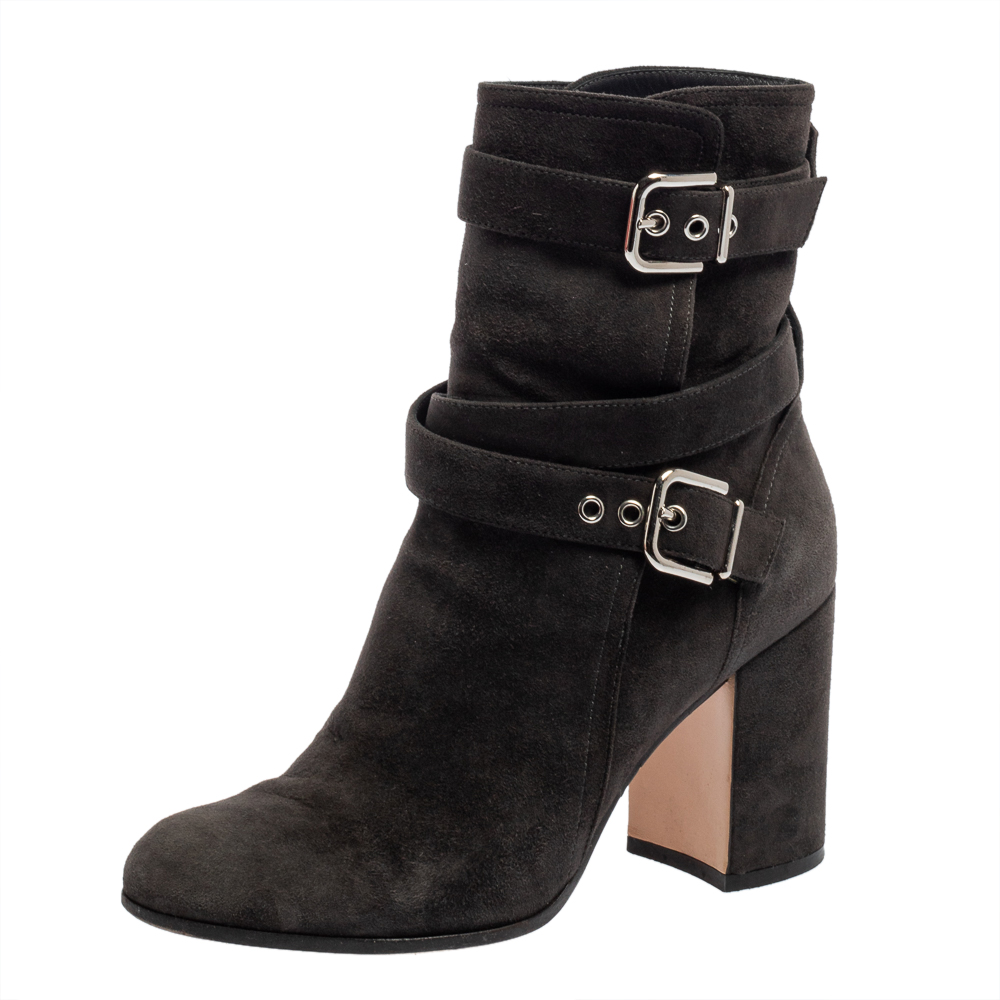 Pre-owned Gianvito Rossi Dark Grey Suede Buckle Detail Ankle Boots Szie 36.5