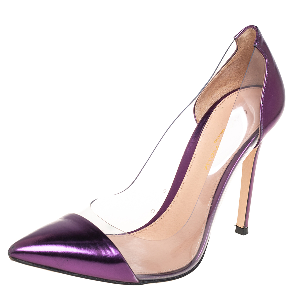 Pre-owned Gianvito Rossi Purple Leather And Pvc Plexi Pointed Toe Pumps Size 38