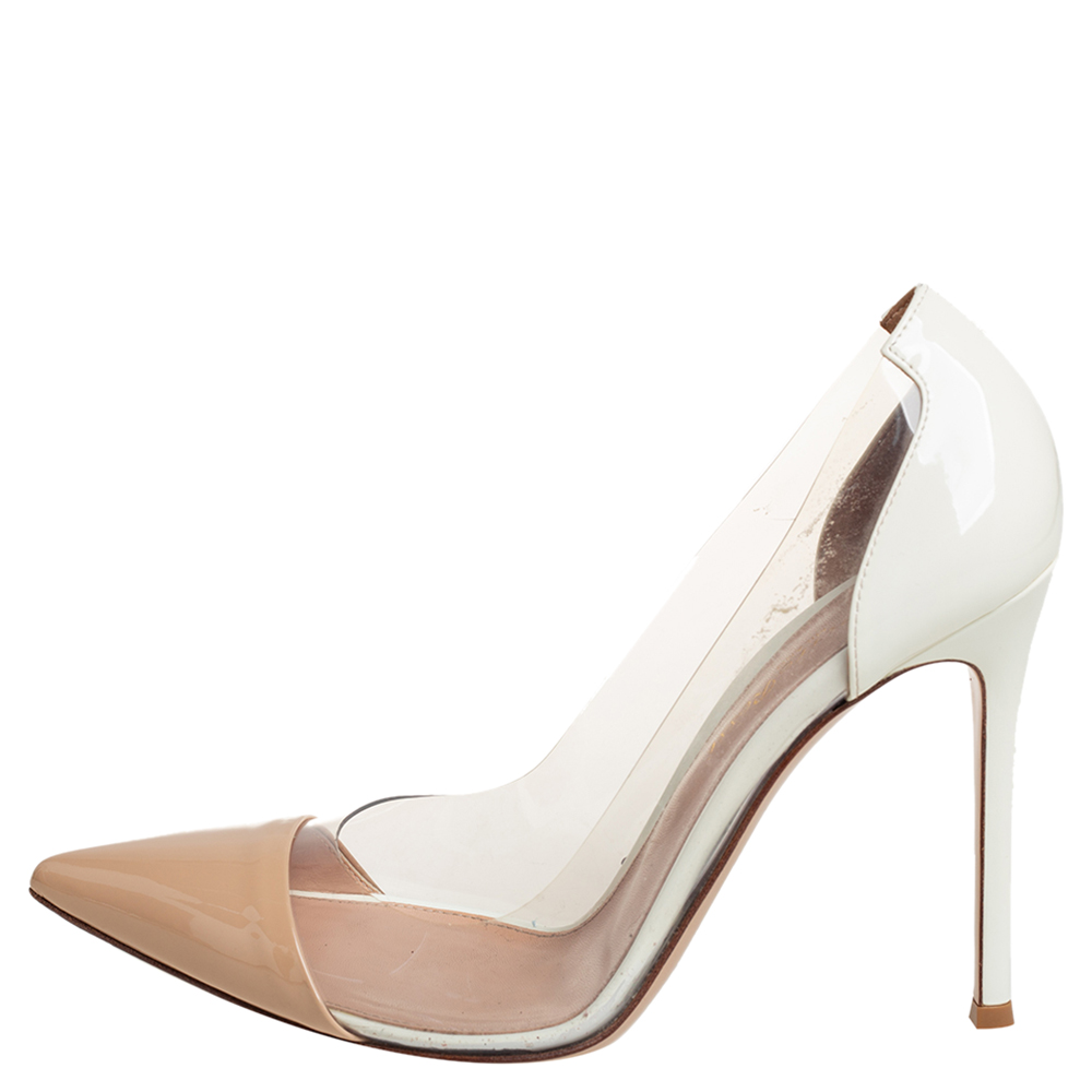 

Gianvito Rossi Off White/Beige Patent Leather And PVC Plexi Pumps Size